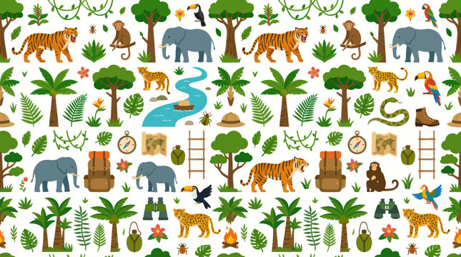 Flat Jungle Wildlife Seamless Pattern: Tigers, Elephants, Monkeys, Toucans, and Parrots