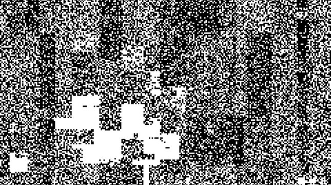 Abstract digital noise pattern with pixelated white blocks on a dark background, resembling a corrupted image or static.