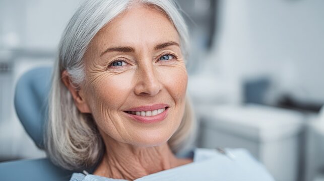 Smiling senior woman sitting in dental chair. Mature female patient during professional medical checkup in clinic. Oral health care and dentistry concept. Happy lifestyle in old age.