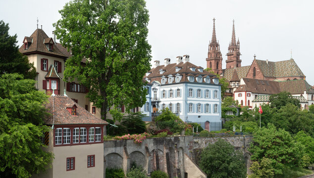 Basel old town view with famous M&uuml;nster in summer, Switzerland