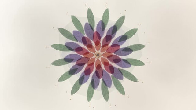 Rotating colorful floral mandala pattern composed of translucent leaves over a neutral background.