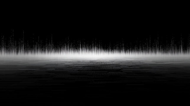 Abstract monochrome digital soundwave visualizer on dark grid background