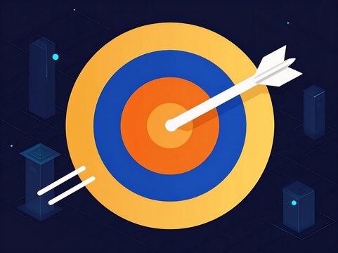 Business goal achievement concept with target and arrow illustration on digital server background.