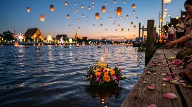 Floating Lanterns on Water at Dusk with People on Wooden Dock