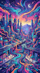 Obraz premium A vibrant, psychedelic cityscape with swirling, colorful roads and buildings under a starry, moonlit sky, creating a dreamlike urban fantasy.