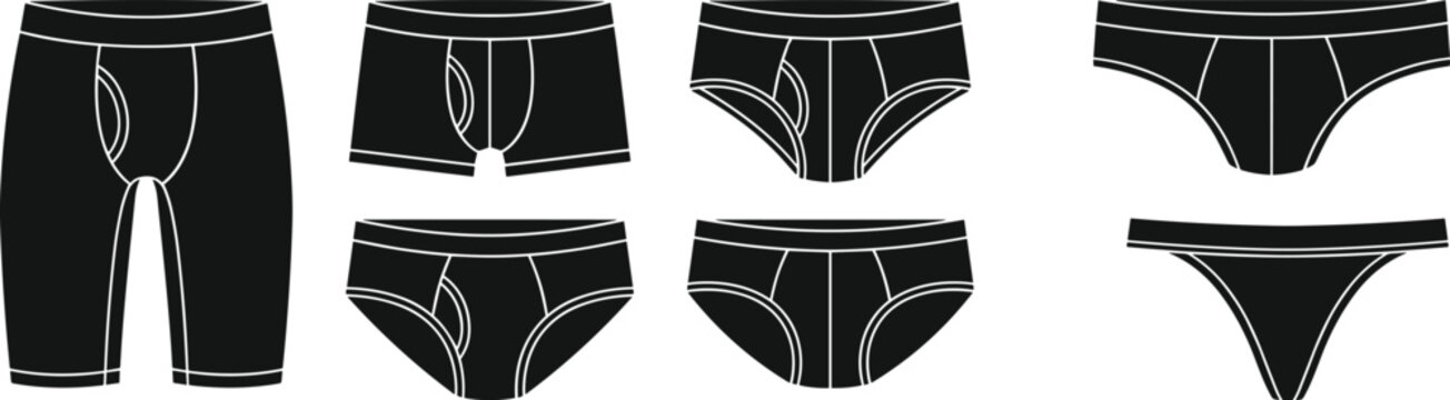 Set of mens underwear icons displaying various styles including boxer briefs trunks classic briefs jockstraps and thongs for commercial use