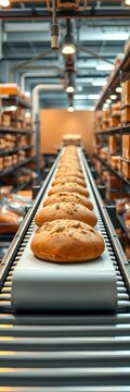 Conveyor belt carrying bread to the packaging area, confectionery, belt