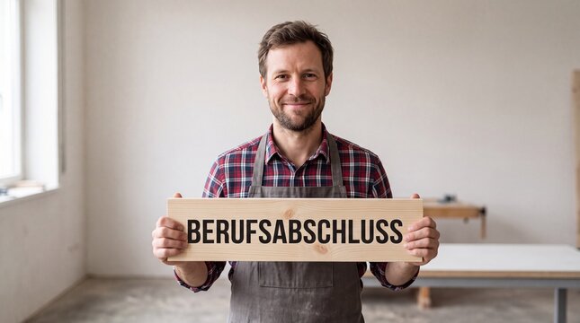 Handwerker in Sch&uuml;rze h&auml;lt in der Nahaufnahme ein Holzschild mit der Aufschrift BERUFSABSCHLUSS an der Werkbank