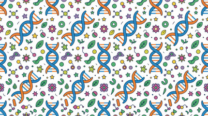 Naklejka premium Flat Vector Science Biology Seamless Pattern with DNA Helix, Molecules, and Genetic Symbols Illustration