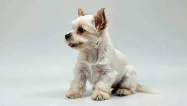 Adorable studio footage of a one month old smooth coated Fox Terrier pup sitting on a clean white surface inquisitively tilting its head at its surroundings
