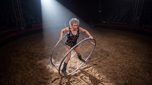 &Auml;ltere Artistin dreht sich selbstbewusst im Cyr-Rad in der Manege aus der Vogelperspektive von oben