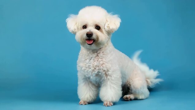Clean high resolution animal studio shot displaying an elegant perfectly trimmed poodle sitting calmly and looking directly at the camera against a deep azure backdrop