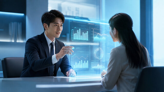 Fintech disruption banking consultant presenting data dashboard to client in modern office with holographic charts and graphs showing financial analysis and strategy discussion