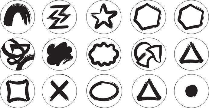Various ink brush stroke circular icons abstract shapes geometric and organic forms diverse symbols.