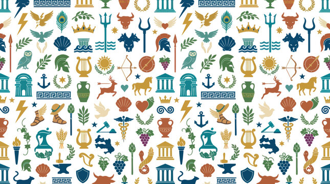 Flat Greek Mythology and Ancient Culture Seamless Pattern with Gods, Goddesses, and Historical Icons