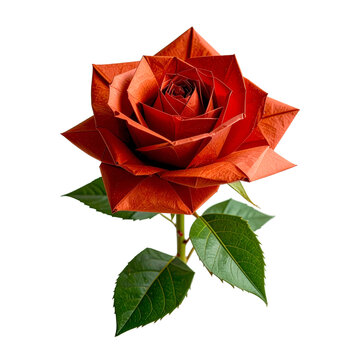 Origami Rose: A beautiful, precisely folded origami rose in a rich, warm hue, with crisp green leaves and a sturdy stem, presented as a delicate piece of art.