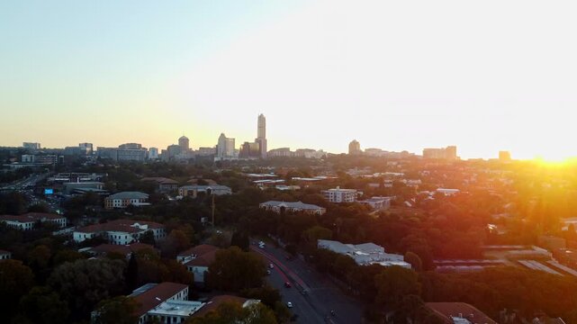 Drone view of Sandton at sunset