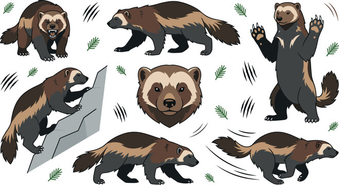 Wolverine Wildlife Animal Collection with Running, Climbing, Standing, Aggressive Poses, Forest Mammal, and Nature Vector Illustration Set