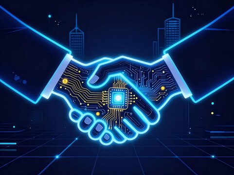 AI business partnership and digital transformation handshake in futuristic smart city.