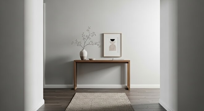 A wooden console table sits in a hallway, flanked by two pillars. A minimalist art print hangs above the table, and a small vase with branches is placed on the table.