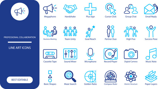 Professional collaboration icons set. Outline vector collection of teamwork, multimedia, and creative design symbols for business marketing and web UI.