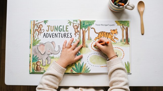 Child hands tracing in a picture book. Kid drawing in an activity book at a table.
