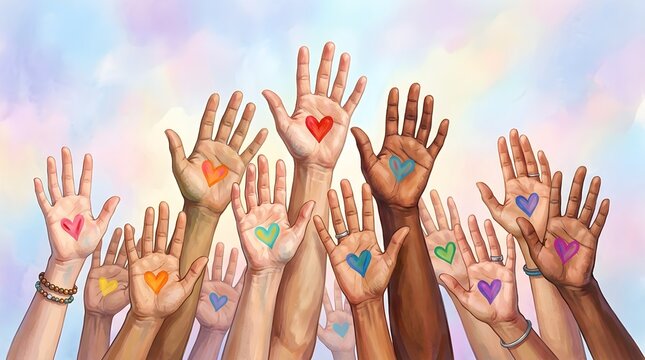 Diverse hands reaching up with colorful painted heart symbols representing unity