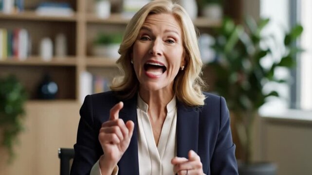 Blonde woman talking during video conferencing. Professional business woman speaking in office. Virtual meeting and online communication concept, corporate leader.