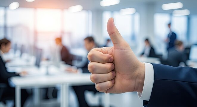 A hand in a dark blue suit gives a thumbs-up gesture. The hand is positioned in the foreground, with a blurred office setting in the background.