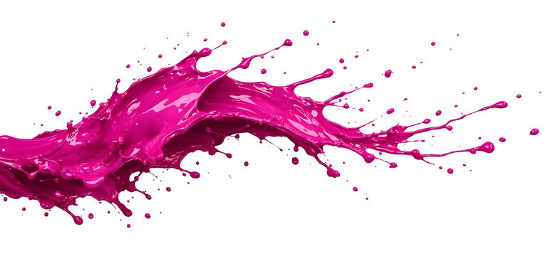 Magenta color paint making big horizontal splash and flying drops isolated