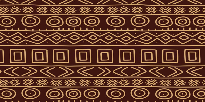 Seamless tribal pattern with hand-drawn geometric shapes, ethnic background in brown and beige colors.
