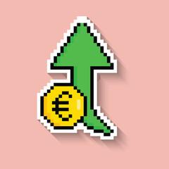 Fototapeta premium Euro exchange rate increase long shadow sticker 8 bit vector icon for computer game logo