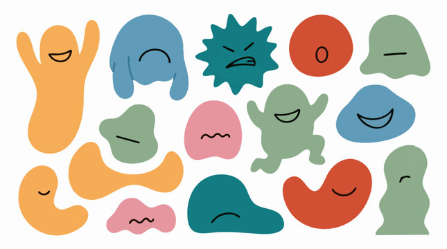 Colorful Abstract Blob Characters with Diverse Cartoon Expressions