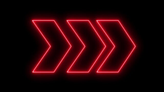 bright red neon light arrows pointing to the right. 3D rendering of glowing neon arrows on alpha transparent background. Flashing direction indicators. 4k animation video