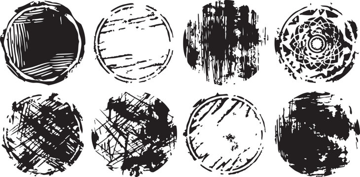 Set of eight abstract grunge circular stamp designs with distressed textures for vintage backgrounds and labels.