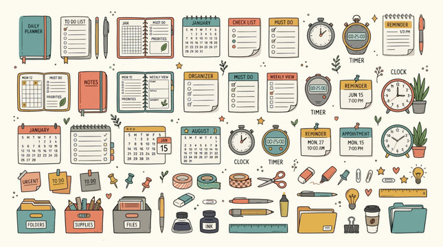 Cute hand drawn doodle collection of daily planner office supplies agenda calendar timer clock memo stationery with planners calendars organizational