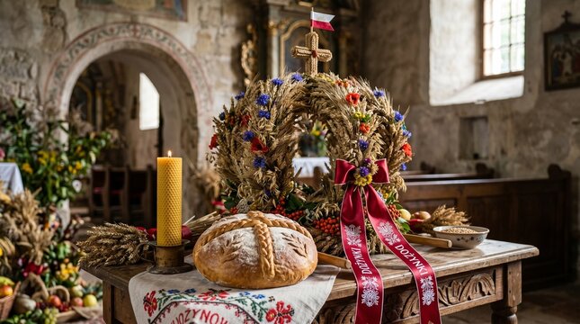 Harvest wreath with bread, candle on table in church, Dożynki