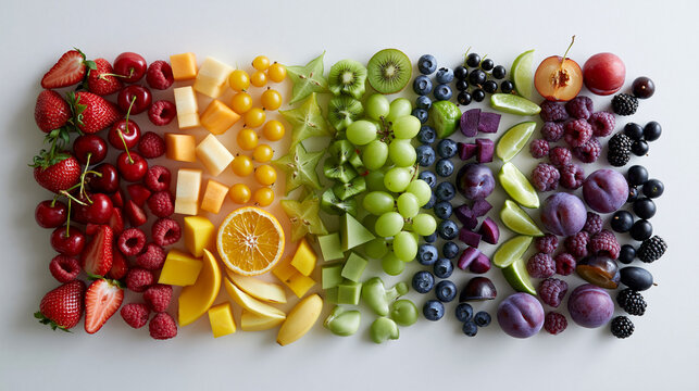 Color Sorted Fruit and Berry Display on Clean White Surface
