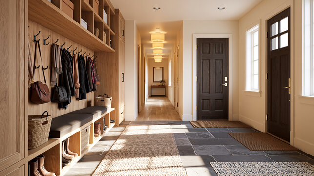 Clean Interior Hallway With Organized Coats And Shoe Storage