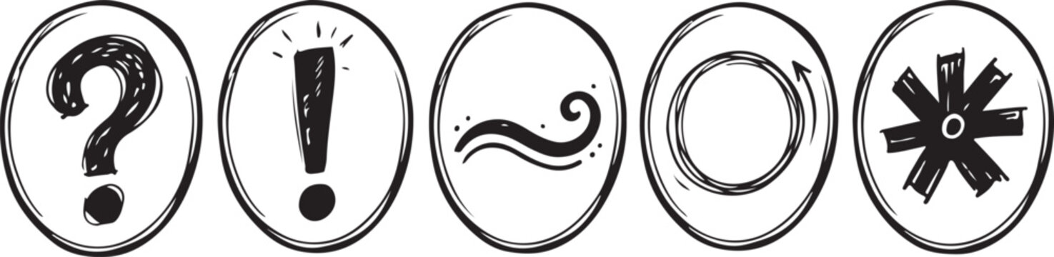 Hand drawn circle icons question mark exclamation point wave spiral asterisk isolated transparent background.