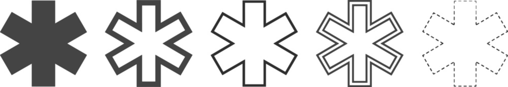 Star of life medical icon set with different line weights and styles isolated on white background for healthcare design