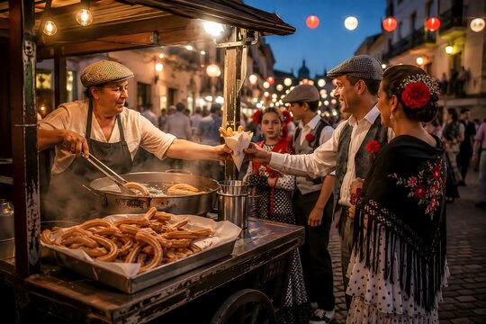 Street vendor serving churros from a traditional cart to a couple in chulapo dress at Madrid's Verbena de la Paloma festival