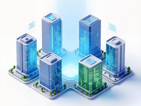 Isometric smart city buildings with glowing digital circuit lines for technology infrastructure.