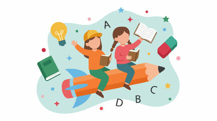 Children flying on a giant pencil rocket with books, education and imagination