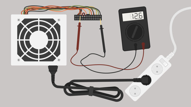 PC Power Supply Unit Testing with Digital Multimeter Voltage Measurement Vector Illustration