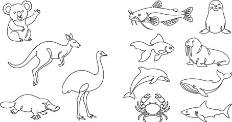 Obraz premium Continuous line art vector illustration set of Australian animals and marine life icons including kangaroo koala shark dolphin isolated on white background