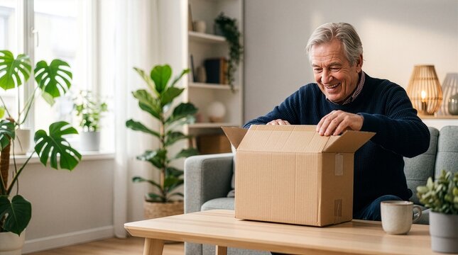 An overjoyed senior man opens a cardboard package, revealing its contents with a bright smile and sparkling eyes, seated comfortably in his living room filled with plants.
