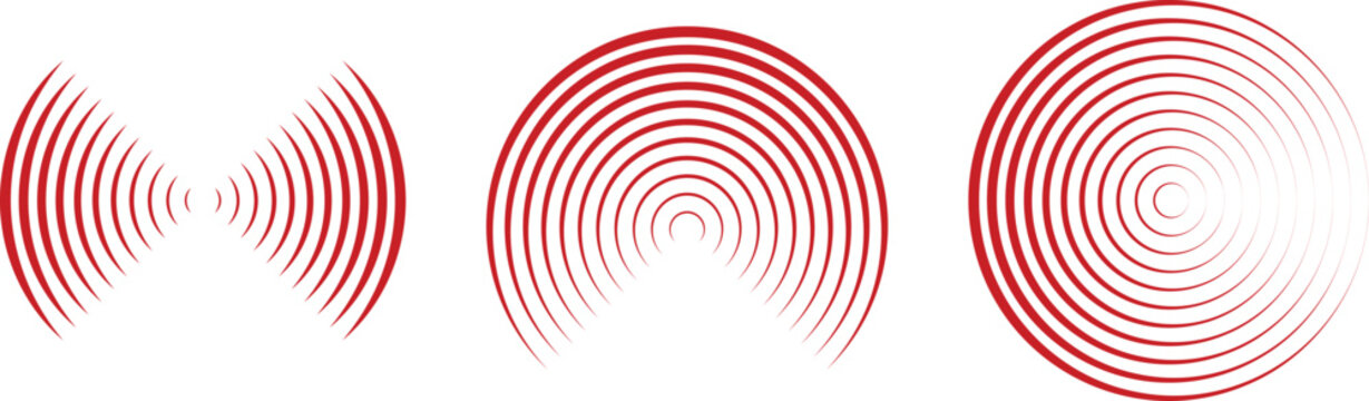 concentric circles icon. sonar or sound wave ring collection. Radial signal or vibration elements. Red concentric ripple circles set. ring halftone design