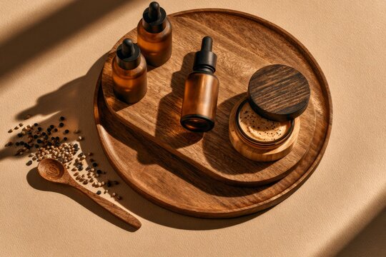 Natural skincare serum bottles and face cream arranged on wooden trays in warm sunlight