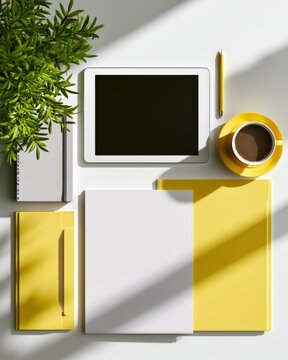 Modern workspace flat lay with blank tablet, yellow stationery, coffee and green plant